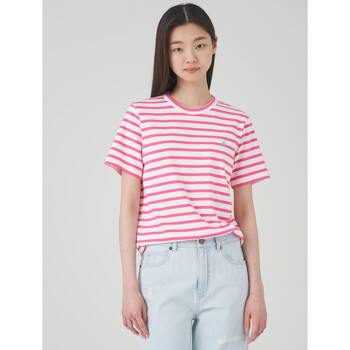 [빈폴레이디스] [Essential] 스트라이프 라운드 반소매 티셔츠  핑크 (BF3342UE1X)