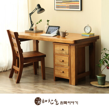 소나무 통원목 서재 책상세트(책상1500+서랍통+의자) 네추럴