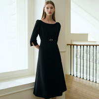 RHEA Boat neck Tweed Belted Dress_Black