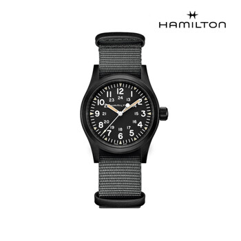[해밀턴] H69409930 카키 필드 메커니컬 38mm PVD 블랙 다이얼 그레이 나토 스트랩 남성 시계 (기계식)