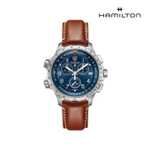 [해밀턴] H77922541 카키 에비에이션 X-Wind GMT 크로노 쿼츠 46mm 블루 다이얼 브라운 가죽 남성 시계