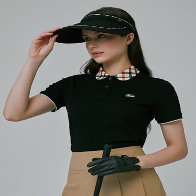 닥스 골프 여성 23SS [PREMIUM CLASSIC] 블랙 아이스코튼 체크 카라 반팔 티셔츠 DN
