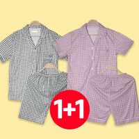 반바지 숏팬츠 쇼츠 휴가 바캉스 반팔 바지 잠옷 세트 2개 체크 라벤더 여성 여름