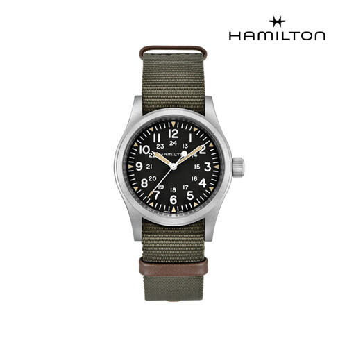 [해밀턴] H69439931 카키 필드 메카니컬 38mm 다크 다이얼 카키 나토 스트랩 남성 시계