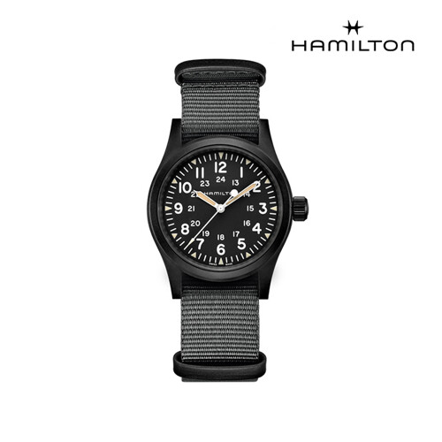 [해밀턴]H69409930 카키 필드 메커니컬 38mm PVD 블랙 다이얼 그레이 나토 스트랩 남성 시계 (기계식)
