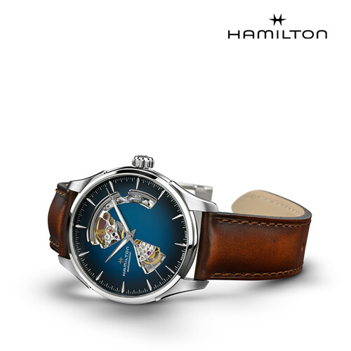[해밀턴] H32675540 재즈마스터 오픈하트 오토 40mm 블루 다이얼 브라운 가죽 남성 시계