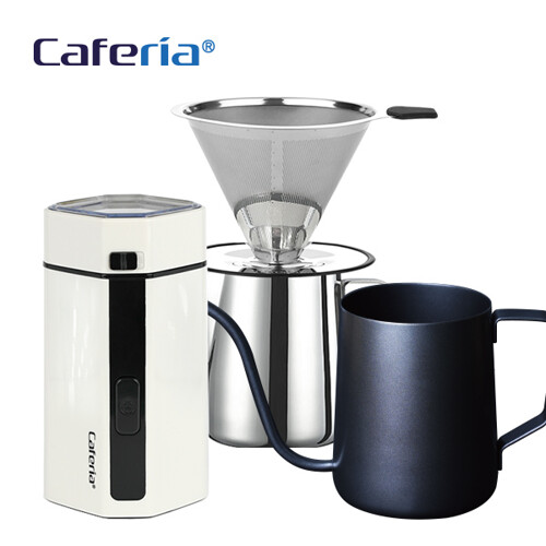 카페리아 핸드드립 홈카페 3종세트 (CDSS1CME2CKPT2)커피그라인더+드립세트+드립주전자[커피용품]