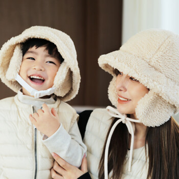 BAY-B 엄마 아기 커플 털모자 겨울 방한 뽀글이 양털 벙거지 귀달이모자 아동+성인 세트