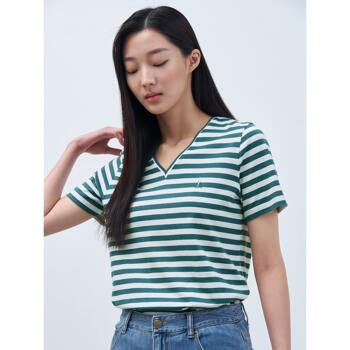 [빈폴레이디스] [Green] 코튼 혼방 V넥 스트라이프 반소매 티셔츠  그린 (BF3242O05M)