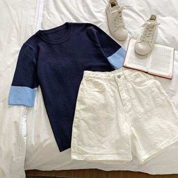 [샵앤] 컬러배색 여성 라운드 5부 레귤러핏 여름 간절기 데일리 반팔 니트 티셔츠 BONG-WKN-3185-네이비