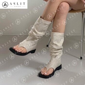 [애슬릿] 린넨 셔링 토오픈 쪼리 여름 미들 부츠