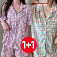 반바지 숏팬츠 쇼츠 휴가 바캉스 반팔 바지 잠옷 세트 2개 체크 민트 라벤더 여성