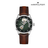 [해밀턴] H32675560 재즈마스터 오픈하트 오토 40mm 그린 다이얼 브라운 가죽 남성 시계