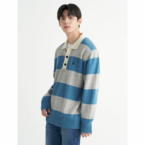 [빈폴] Unisex 라이트 그레이 럭비 보더 카라 풀오버 니트 (BC2851C012)