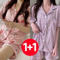 반바지 숏팬츠 쇼츠 휴가 바캉스 반팔 바지 잠옷 세트 2개 피치 체크 라벤더 여성