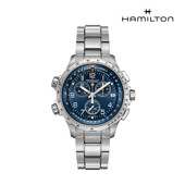 [해밀턴] H77922141 카키 에비에이션 X-Wind GMT 크로노 쿼츠 46mm 블루 다이얼 브레이슬릿 남성 시계