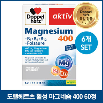 [해외직구]도펠헤르츠 활성 마그네슘 400 60정 6개 Doppelherz aktiv Magnesium