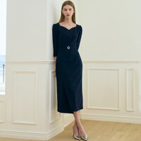 VALENTINA Heart neck Unbalanced Slit Belted Dress_Navy