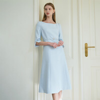 RHEA Boat neck Tweed Belted Dress_sky