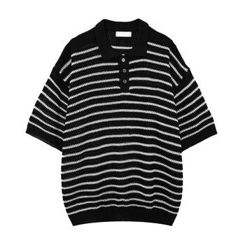 남자 체인 스트라이프 카라 반팔 니트 티셔츠 DS2-KNH-Q214-블랙